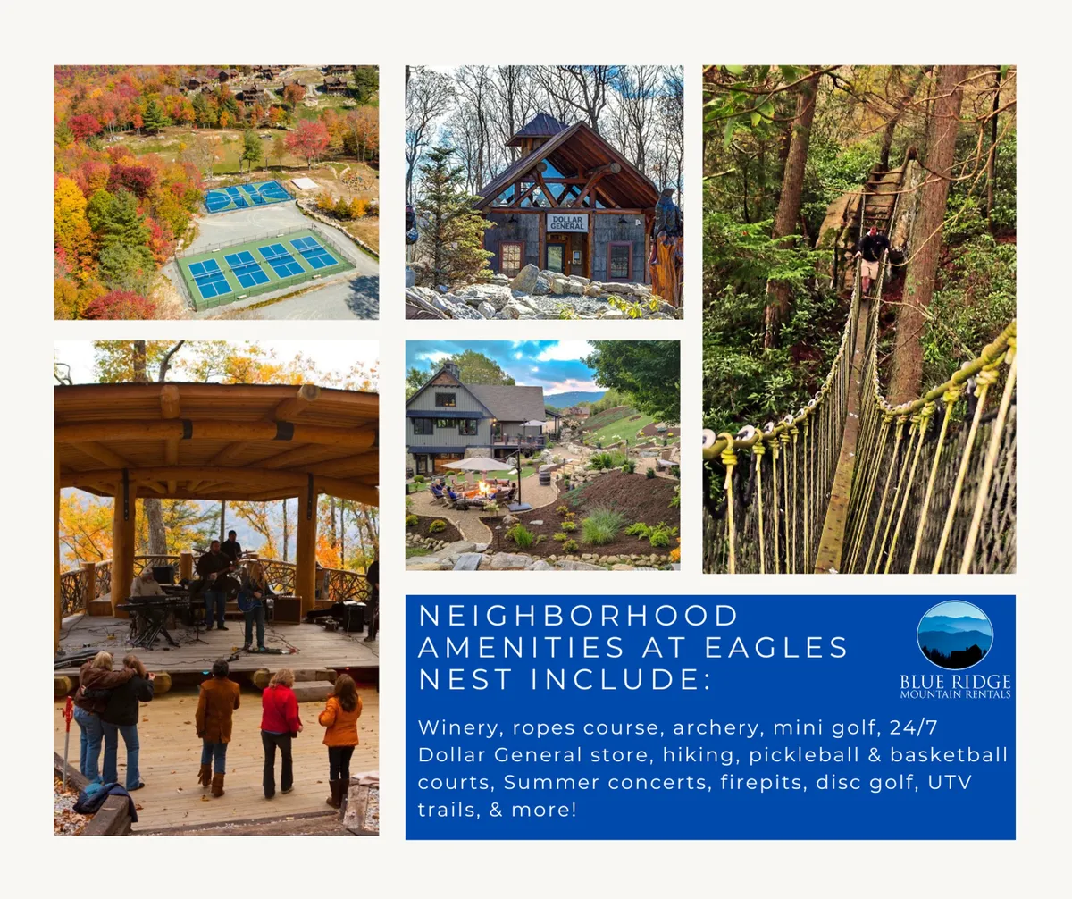 A vibrant outdoor amenities area with a ropes course, mini golf, concert stage, residential buildings, and nearby hiking trails. The space is alive with possibilities for adventure, relaxation, and community events throughout the seasons.